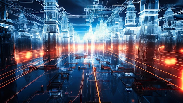 Een elektriciteitsnet verlicht met pulserende datalijnen die de integratie van slimme technologie in moderne energiedistributie laten zien