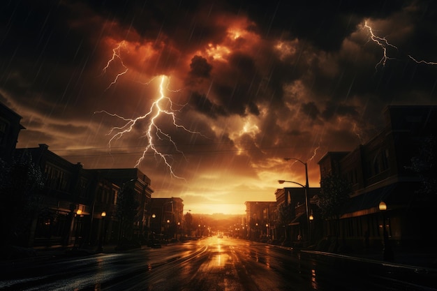 Een elektrische storm verlicht de lucht boven een straat