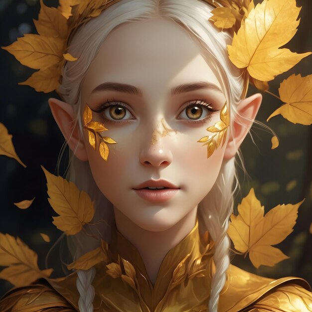 Een elfmeisje met gouden bladeren op haar gezicht.