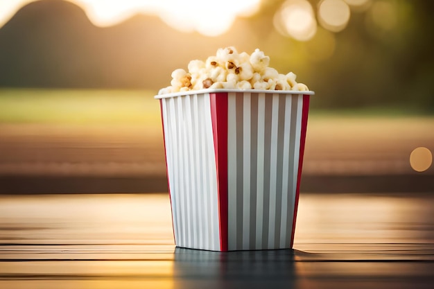 Een emmer popcorn staat op een tafel voor een veld.