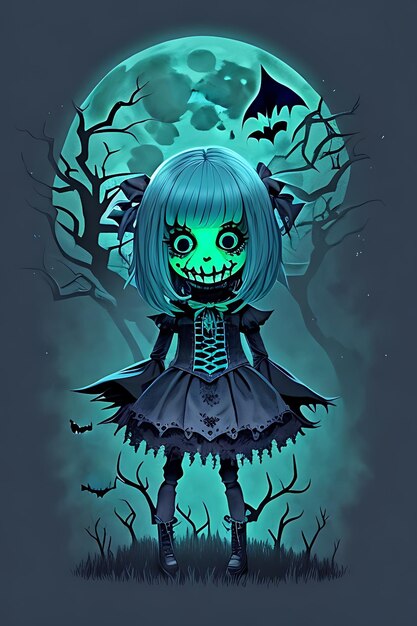 Een eng klein meisje glimlacht Halloween-karakter griezelig kind thema halloween-poster