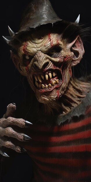 Foto een eng uitziende zombie met een mes in zijn hand.