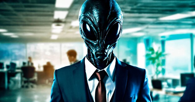Foto een enge alien in een pak in een kantoor, want zij zijn onder ons concept