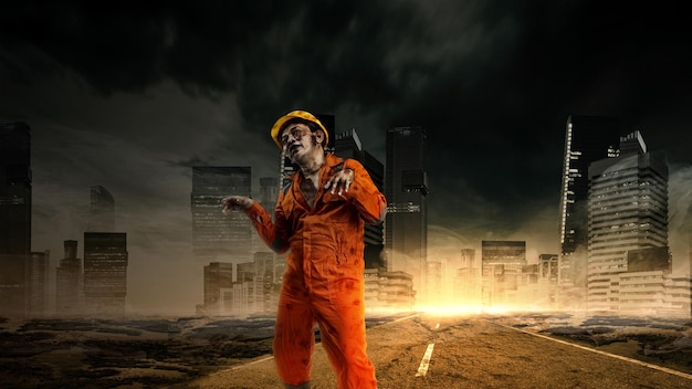 Een enge bouwvakker-zombie met bloed en wonden op zijn lichaam loopt in de verwoeste stad Enge zombie Halloween-concept