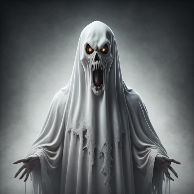 Een enge geest wordt getoond in een donkere kamer.