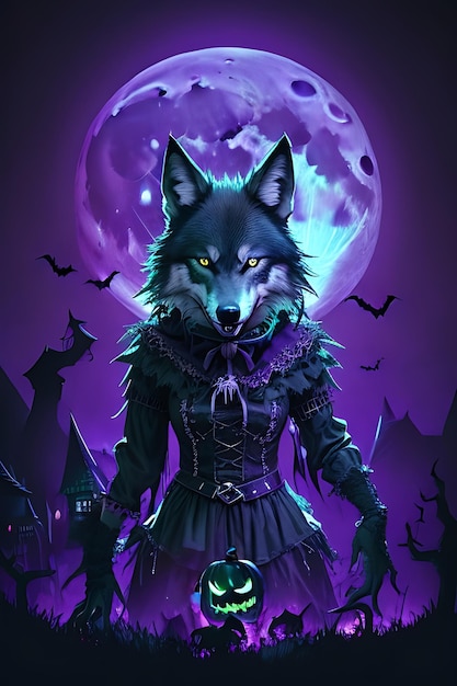 Een enge halloween-poster van het karakter enge wolf van wolfshalloween