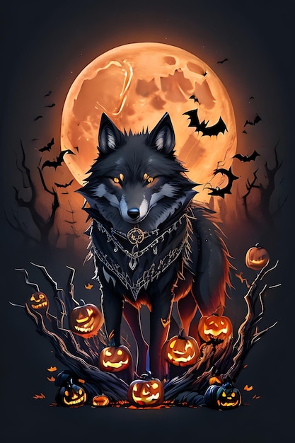 Een enge halloween-poster van het karakter enge wolf van wolfshalloween