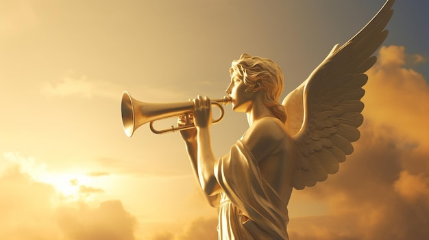Een engel blaast op een trompet in de hemel.
