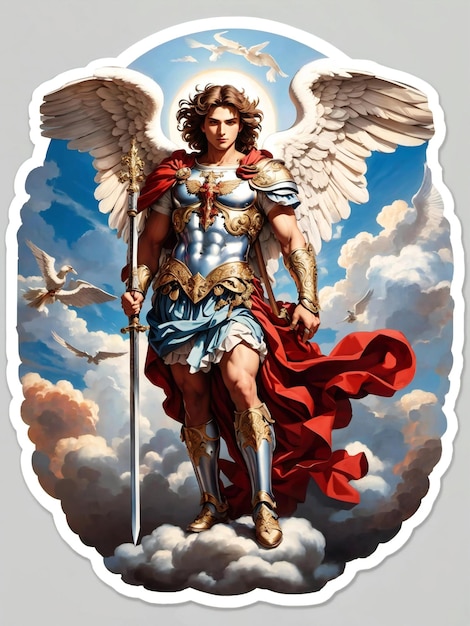 een engel met vleugels en een kruis op zijn borst houdt een zwaard vast