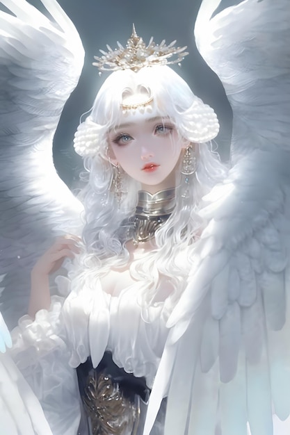 Een engel met wit haar en witte vleugels.