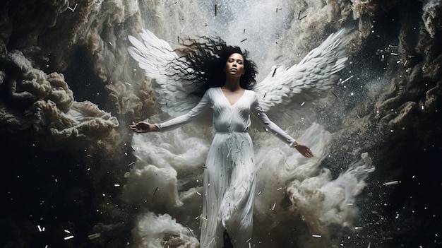 Foto een engelenvrouw in een witte jurk met vleugels generative ai art