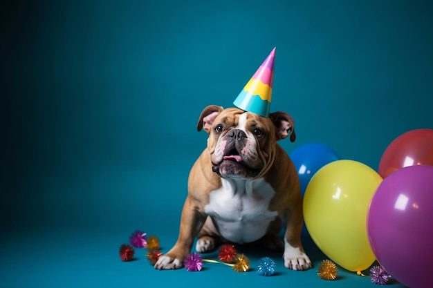 Een engelse bulldog met een feestmuts en een feestmuts voor verjaardag op een marineblauwe achtergrond