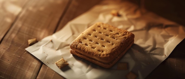 Een enkel koekje verlicht door warm licht op een rustieke houten tafel