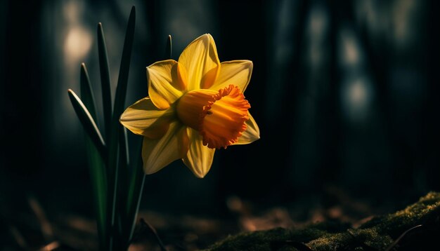 Een enkele bloem bloeit in een rustige weidezonsondergang gegenereerd door AI