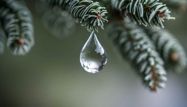 Een enkele druppel water die van een tak van een boom valt