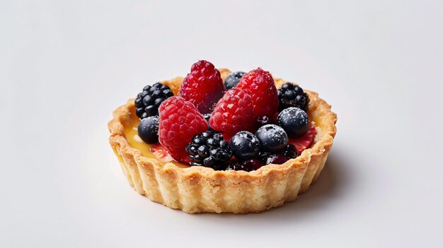 Een enkele elegant gerangschikte fruittaart met een paar bessen op een minimalistische witte achtergrond