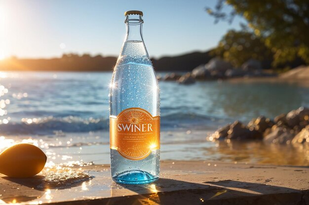 Foto een enkele fles bruisend water, verlicht door een felle zon die boven een levendig blauw zweeft