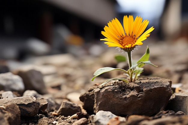 een enkele gele bloem groeit uit de grond