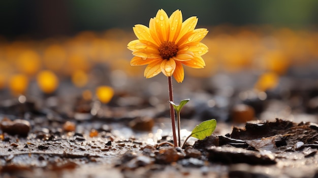 Foto een enkele gele bloem valt op in de modder