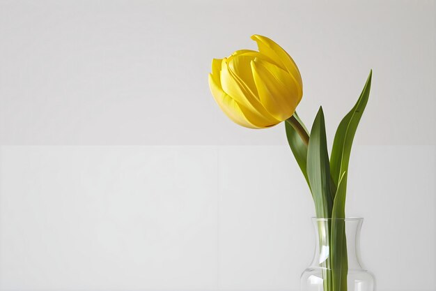 Foto een enkele gele tulp in een heldere vaas