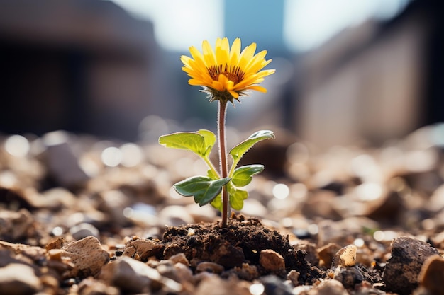 een enkele gele zonnebloem groeit uit de grond