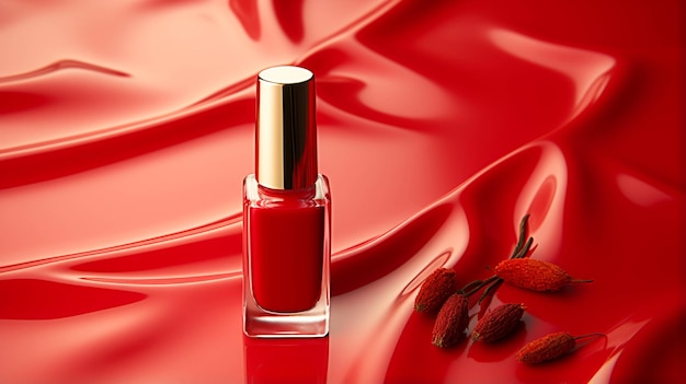Een enkele glamoureuze rode nagellak van Solitary op een rode achtergrond