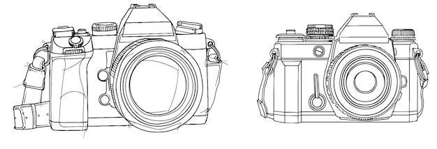 Eén enkele lijn tekening van een oude retro analoge SLR-camera met tele-lens