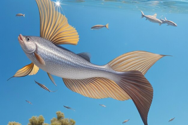Een enkele majestueuze vis die door de lucht zweeft zijn schubben glinsterend in het zonlicht