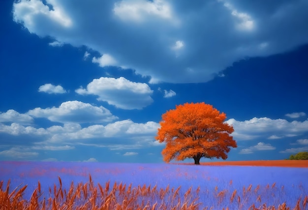 Een enkele oranje bladboom in het midden van een veld met rood gras onder een blauwe hemel met wolken