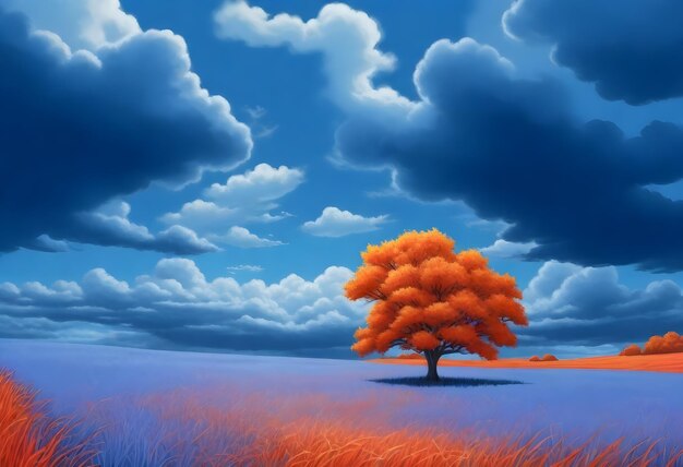 Een enkele oranje bladboom in het midden van een veld met rood gras onder een blauwe hemel met wolken