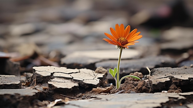 Foto een enkele oranje bloem die uit gebarsten grond groeit