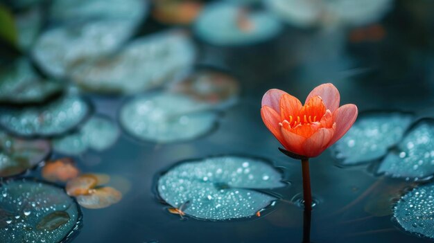 Een enkele oranje bloem in een vijver van groene waterlelies ai