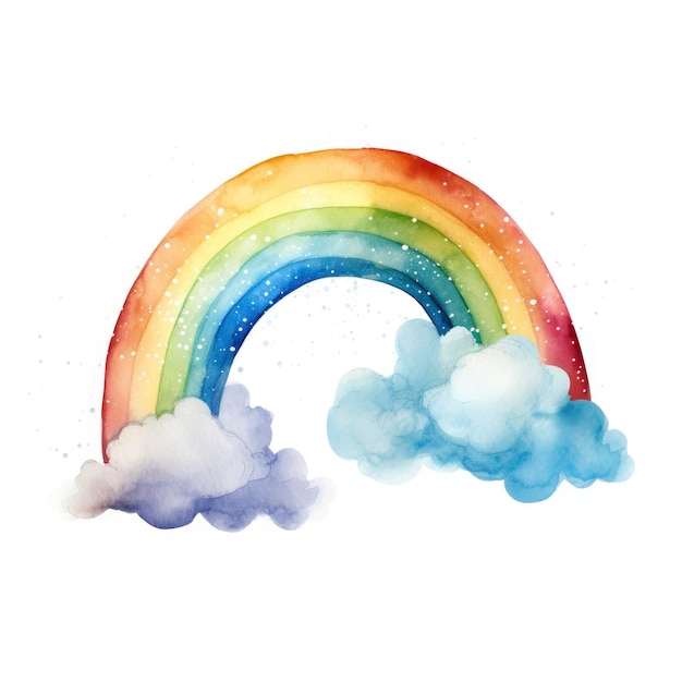 Een enkele regenboog met twee wolken op een witte achtergrond