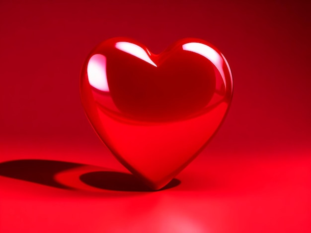 een enkele rode 3D-hartvorm met een reflecterend oppervlak op een rode achtergrond