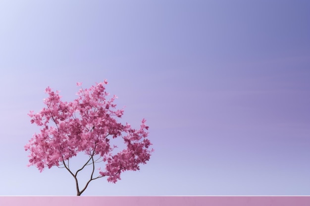 een enkele roze boom in het midden van een veld