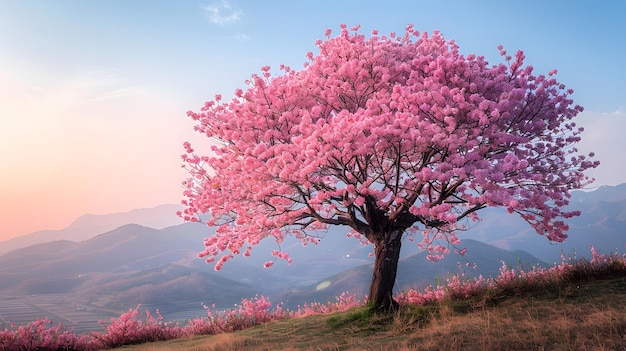 Een enkele roze boom staat op een heuvel met een bergketen op de achtergrond de lucht is blauw