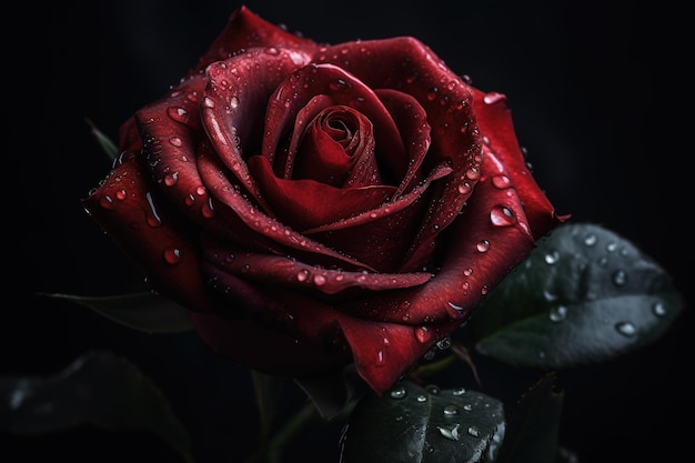 een enkele scharlakenrode roos bedekt met kleine druppels water