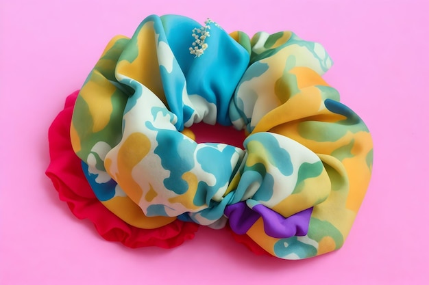 Eén enkele scrunchie, subtiel geplaatst op een stapel kleurrijke stoffen, gegenereerd door ai