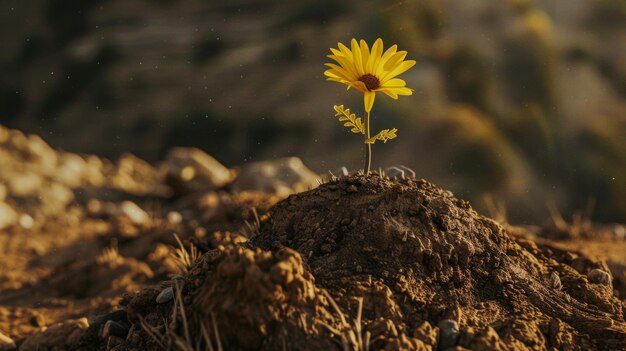 Een enkele zonnebloem staat veerkrachtig in de grond als symbool van hoop en een nieuw begin.