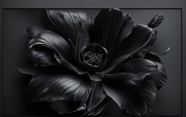 Een enkele zwarte bloem in een frame op een effen donkere achtergrond