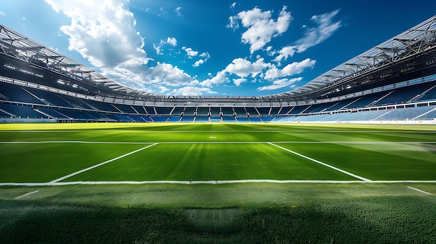 Een enorm en leeg voetbalstadion met een groen veld en een blauwe lucht.