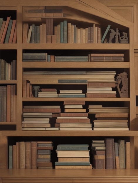 Een enorme bibliotheek van oude boeken, willekeurig gestapeld op stevige eikenplanken