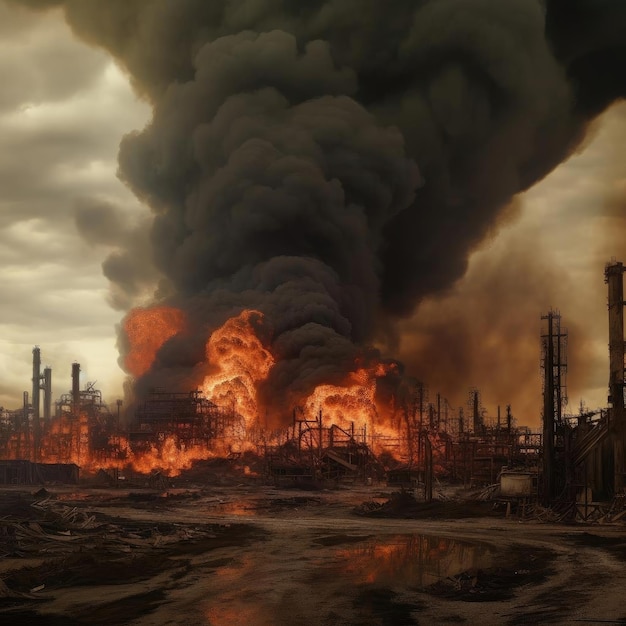 Een enorme brand in een milieuramp in een petrochemische fabriek