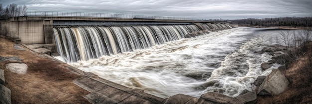 Een enorme dam met stromend water panoramische achtergrond generatieve ai