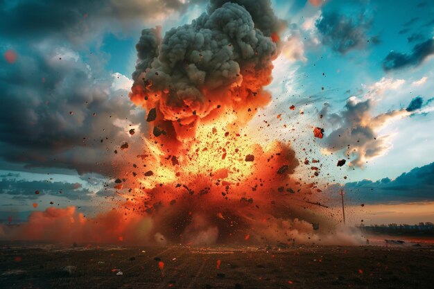 Een enorme explosie van rook en vuur verslindt een groot veld en creëert een chaotische en destructieve scène.
