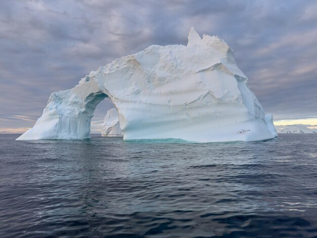 Foto een enorme gletsjer drijft in de zuidelijke oceaan voor de kust van antarctica bij zonsondergang.