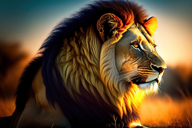 Een enorme leeuw in het licht Portret van een Afrikaanse leeuw Wilde Afrikaanse dieren Naverwerkte