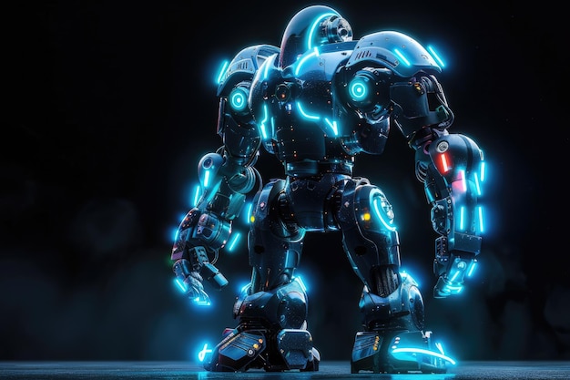 Een enorme neon verlichte android robot.