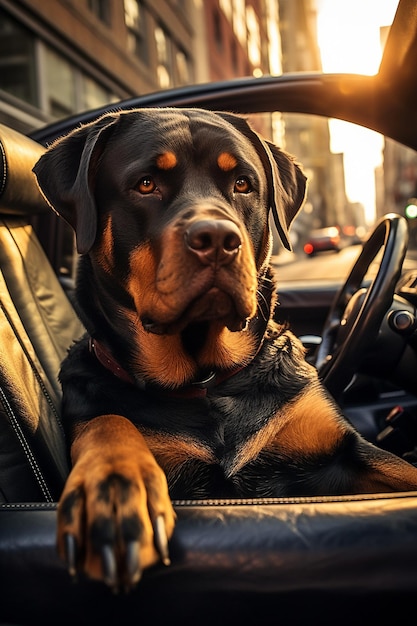 een enorme rottweiler die een luxe auto rijdt