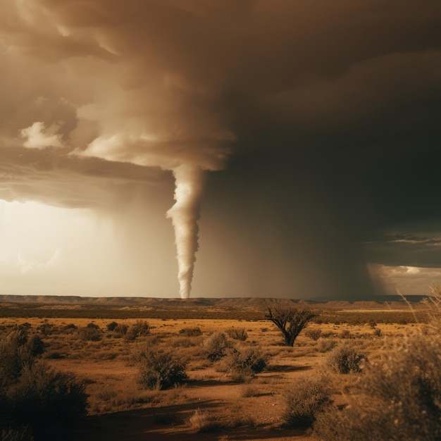 Een enorme tornado die over de woestijn draait, gecreëerd met behulp van generatieve AI-technologie.